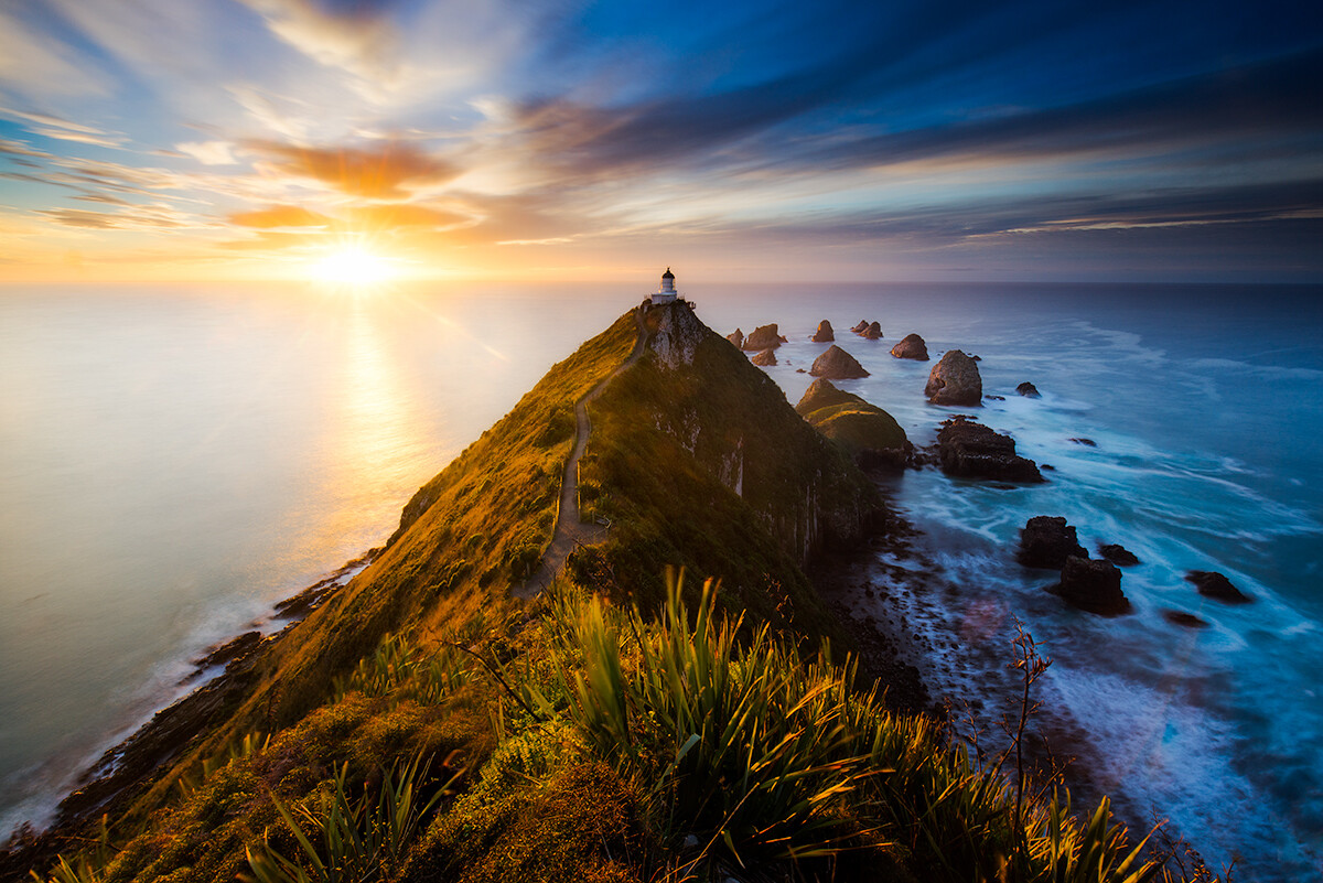 Nugget point lighthouse at sunrise