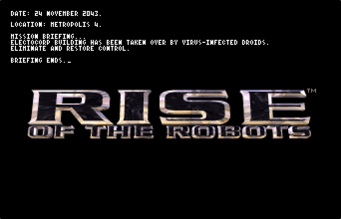 Rise of the Robots, AGA Amiga version. Title screen with overlay text.