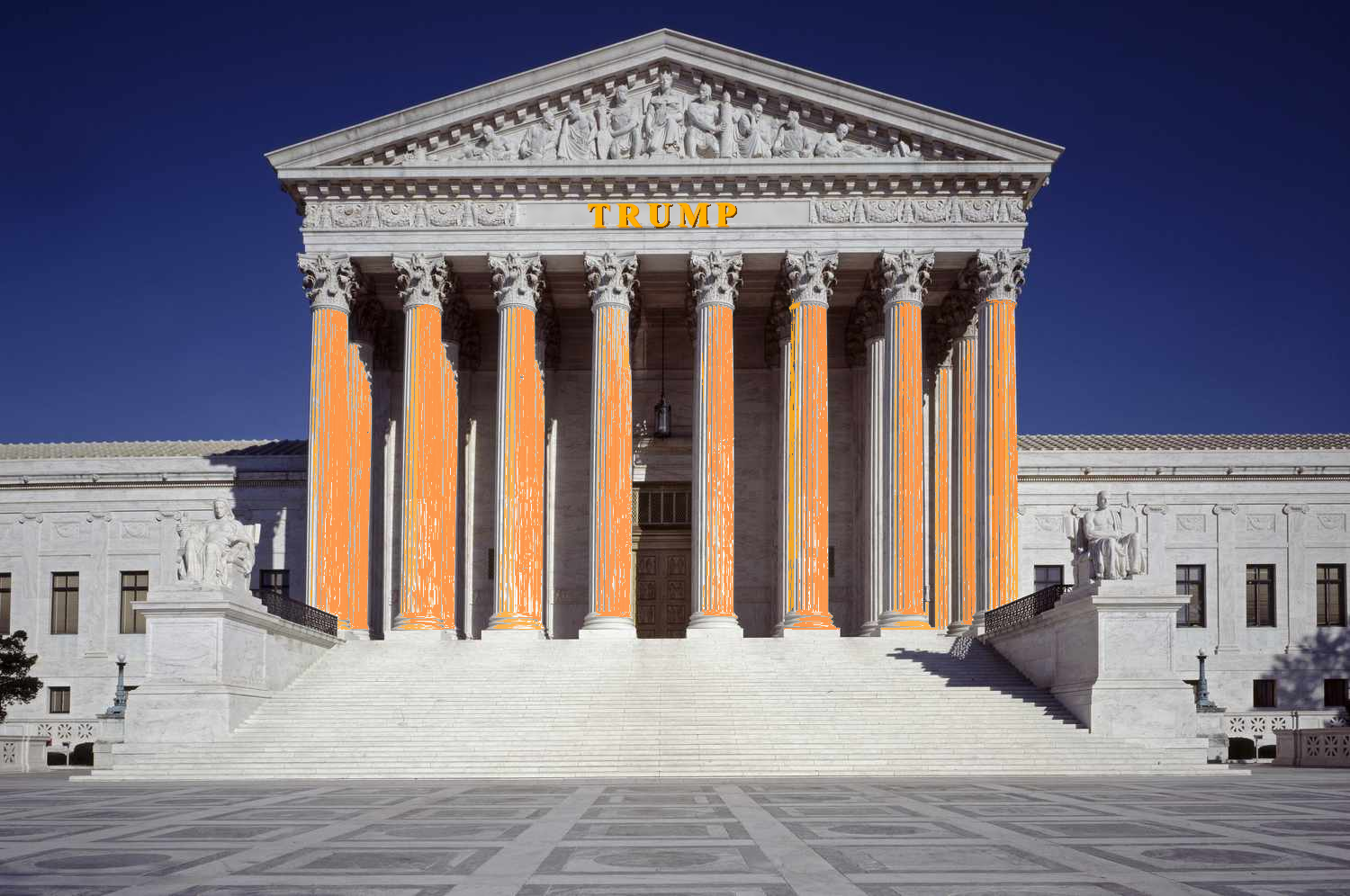 The US Supreme Court building, the columns gilded and across the pediment the word 