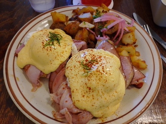 A rare breakfast for us. At The Mont just down the road from where we were staying. Eggs bene for me. Sally had breakfast burritos but I wasn't fast enough to get a picture of it.