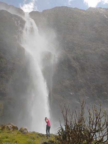 The Sutherland Falls. Impossible to take a picture of them from the base as they create their own typhoon wind and everything gets drenched. They sound like a fighter jet continually ripping past above.