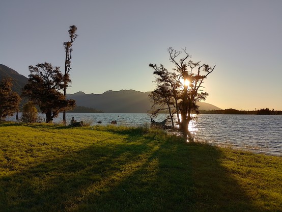 Sunset at Lake Brunner. We went for a very brief dip. Cold.